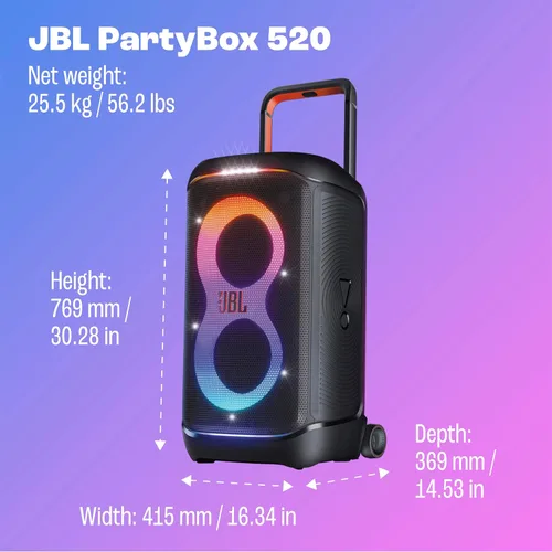 Miniatura 7 de JBL PartyBox 520 - Altavoz portátil de fiesta alimentado por batería con refuerzo de sonido AI, hasta 15 horas de tiempo de reproducción, IPX4 a