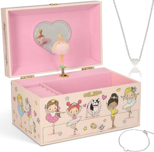 Joyero musical de bailarina para niñas, joyero que brilla en la oscuridad, joyero organizador con collar de corazón y juego de pulsera, bonita caja