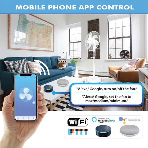 Miniatura 6 de Technical Pro Ventilador de pedestal oscilante inteligente, 3 velocidades portátil de 16 pulgadas, ventilador de pie habilitado para WIFI, altura