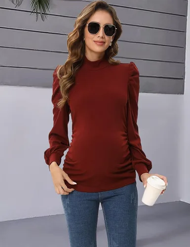 Miniatura 2 de Camiseta de maternidad de punto acanalado para mujer, casual, cuello alto, manga larga, fruncida, túnica para mujeres embarazadas