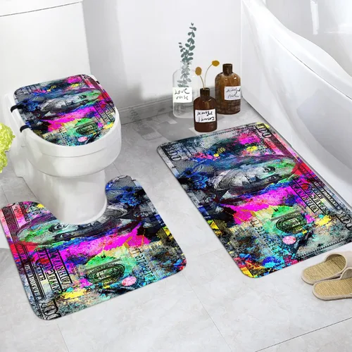 Miniatura 14 de GUBIYU Juego de alfombras de baño de 100 dólares, color negro y dorado, juego de alfombras de baño con dinero, tapete de baño antideslizante