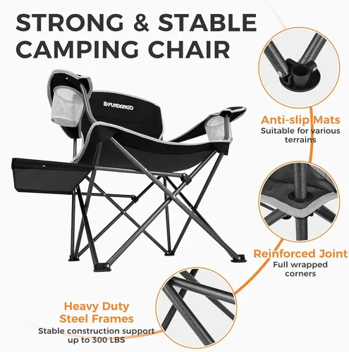 Miniatura 6 de FUNDANGO Silla de camping acolchada plegable, portátil con respaldo completo para exteriores, con soporte para tazas y mesa auxiliar, bolsillo