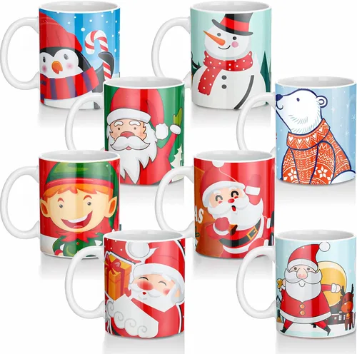 Nuogo Paquete de 8 tazas de café de Navidad de cerámica, tazas de cerámica apilables para fiesta de vacaciones, tazas de cerámica para regalo de