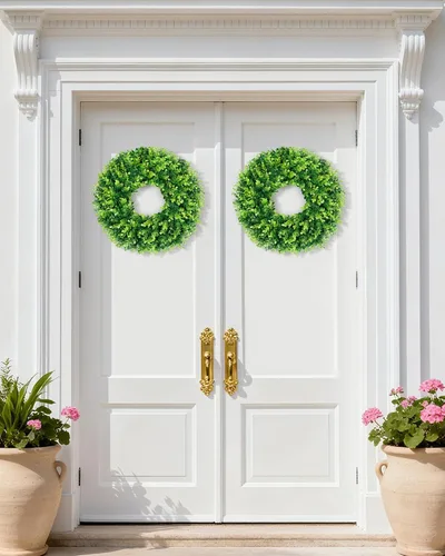Miniatura 9 de DDHS Corona de boj de 18 pulgadas para puerta principal – Corona artificial verde de casa de campo, decoración DIY para primavera, verano, otoño e