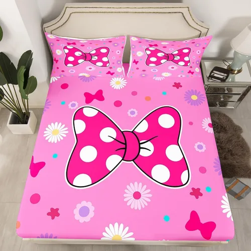 Miniatura 49 de Sábana bajera con lazo azul tamaño individual, juego de ropa de cama de princesa con cerezas, estrellas y flores margaritas de dibujos animados