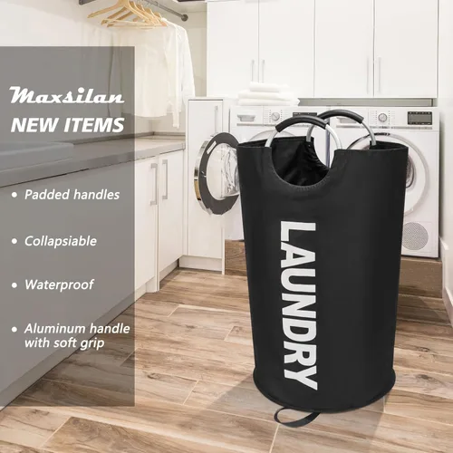 Miniatura 2 de Maxsilan - Cesta de lavandería grande de 90 L, cesta de ropa alta independiente, bolsa de lavandería plegable, color negro