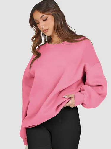 Miniatura 3 de ATHMILE Sudadera de gran tamaño para mujer, cuello redondo, forro polar, manga larga, sudaderas con capucha, tops de otoño, ropa de moda 2024