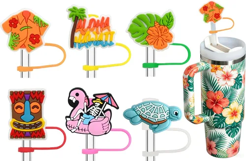 Funda de paja hawaiana para copa Stanley, 6 piezas de adornos de paja de verano reutilizables, accesorios de paja de silicona reutilizables, fiesta