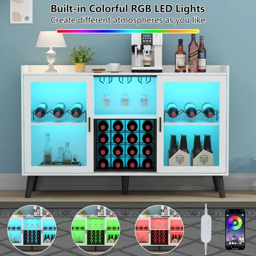 Miniatura 5 de Auromie Gabinete de bar de vinos con luz LED, gabinete de café para el hogar con estante para vino y vidrio, aparador de cocina con estantes