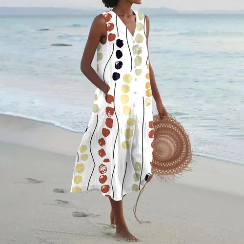 Miniatura 2 de Vestido largo de verano para mujer, sin mangas, cuello en V, botones y bolsillos, con vuelo, estampado casual