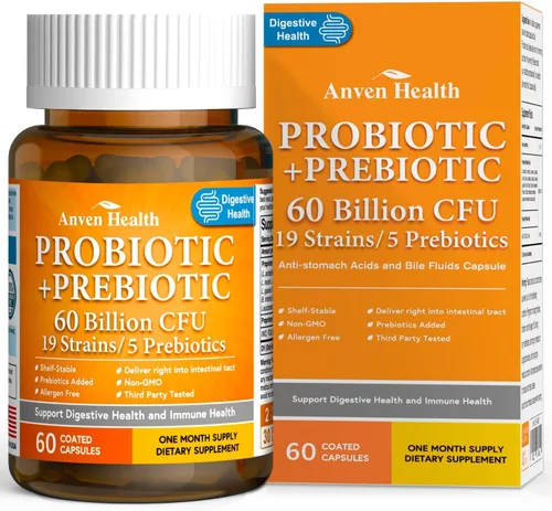 60 mil millones de probióticos y prebióticos para mujeres y hombres, 19 cepas, 5 prebióticos orgánicos para la salud intestinal digestiva e General