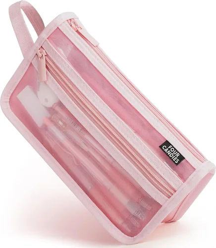 Miniatura 11 de Four Candies - Estuche de malla con asa y cremallera, de doble capa para lápices, maquillaje de viaje, bonita bolsa organizadora de papelería, Marrón
