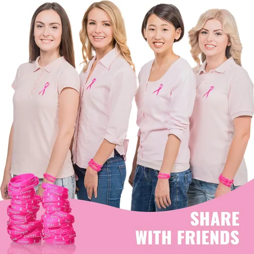 Miniatura 6 de Sratte 60 pulseras de cinta rosa para concientización sobre el cáncer de mama, pulseras de goma para mujeres, fiestas, eventos públicos