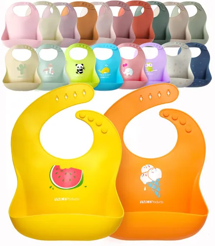 Miniatura 8 de Paquete de 2 baberos de silicona impermeables para bebé, ligeros, cómodos, fáciles de limpiar (rosa claro/morado, pequeño)