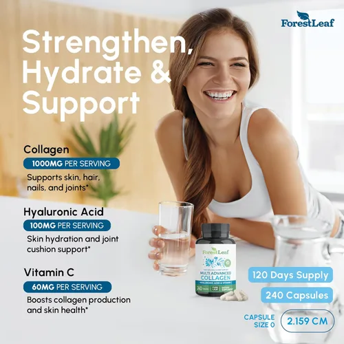 Miniatura 2 de ForestLeaf Pastillas de Multi Colágeno - Colágeno para Hombres y Mujeres - Suplementos de Colágeno Hidrolizado con Vitamina C y Ácido Hialurónico