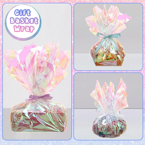 Miniatura 6 de Seajan Rollo de celofán iridiscente de 31.5 pulgadas x 200 pies, papel de regalo de arcoíris, envoltura de celofán holográfico para canastas, ramo