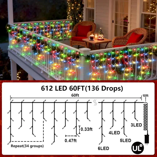 Miniatura 7 de Luces de Navidad de carámbano para exteriores, 60 pies, 612 luces LED con 136 gotas, 12 modos, regulable, temporizador y resistente al agua, 29 V