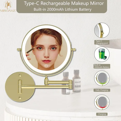 Miniatura 5 de Espejo de Tocador de Maquillaje Iluminado Recargable Montado en la Pared de 8 Pulgadas, Doble Cara 1X 10X con Aumento Espejo de Baño, 3