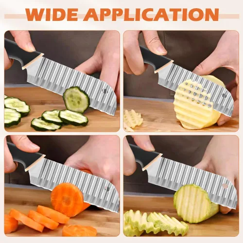 Miniatura 6 de Cuchillo de corte arrugado, mango de goma, cortador de papas fritas de acero inoxidable con soporte para cebolla, cuchillo para cortar ensalada