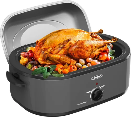 Miniatura 11 de Horno tostador eléctrico de 22 cuartos con bandeja extraíble y tapa de autohilvanado, perfecto para asar pavo con control de temperatura de 150 a