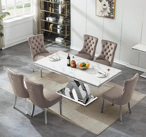 Miniatura 3 de Juego de mesa de comedor de mármol de lujo de 70 pulgadas para 4, juegos de mesa de cocina blanco y dorado para 4, mesa de comedor moderna de mármol