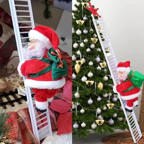 Escalera eléctrica de Papá Noel para escalar hacia arriba y hacia abajo, figura creativa de Papá Noel de felpa con bolsa musical en movimiento de