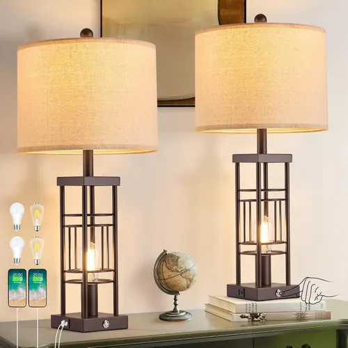 Reaketon Juego de 2 lámparas de mesa para sala de estar con puertos de carga USB, lámparas de estilo granja regulables de 3 vías de 70 cm, para