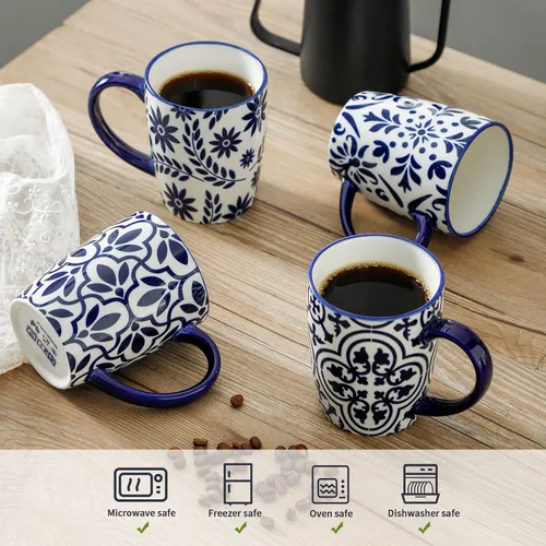 Miniatura 4 de HASENSE 15OZ Coffee Mugs, Ceramic Coffee Mugs Set of 4 with Handle, Coffee Cups Ceramic with Blue and White Floral Patterns, Porcelain Mug Set for