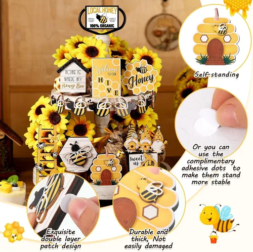 Miniatura 3 de Amyhill Juego de 15 piezas de decoración de bandeja escalonada de abejas de verano, juego de decoración de bandeja escalonada de colmena de abeja