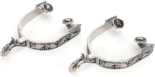 Miniatura 9 de Espuelas de caballo, 1 par de espuelas de bola de rodillo de 3.35 x 3.15 pulgadas, acero inoxidable plateado grabado, estilo espuelas de caballo