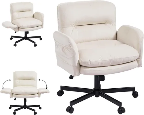 Bestier Silla cruzada con reposabrazos abatibles, silla giratoria de maquillaje con ruedas y bolsillos laterales, silla de oficina con patas beige
