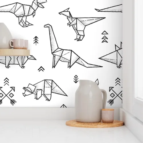 Miniatura 8 de Papel tapiz para despegar y pegar, diseño de dinosaurios de origami, negro, blanco, geométrico, monocromático, extraíble, personalizado Spoonflower