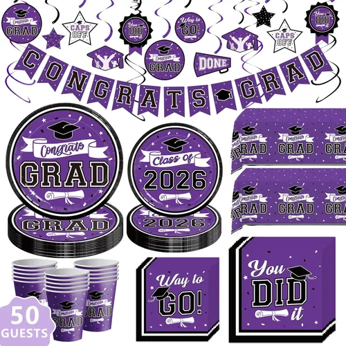 Miniatura 9 de DAZONGE Decoraciones de graduación 2026 rojo y negro, kit de vajilla desechable de 265 piezas para 50 invitados, platos, servilletas, vasos, mantel