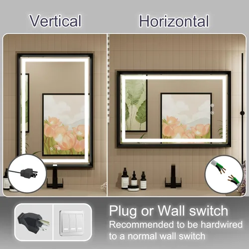 Miniatura 5 de Espejo LED de 24 x 32 pulgadas para baño, 3 temperaturas de color (3000 K/4500 K/6000 K), antiniebla, regulable, función de memoria, espejo de baño