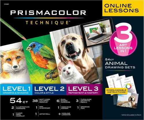 Prismacolor - Suministros de arte técnica y lecciones de arte digital Juego de dibujo de animales Niveles 1-3 para colorear para adultos, 54 unidades