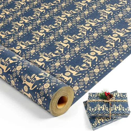 Miniatura 12 de Rollo de papel de regalo de Navidad, rollo de papel kraft vintage, 17 pulgadas x 49 pies, copos de nieve, hojas/bayas de acebo, papel de regalo