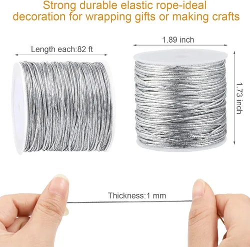 Miniatura 2 de 2 rollos de cordones elásticos metálicos, cinta metálica de oropel para hacer manualidades, envoltura de regalos, 0.039 in, 55 yardas Plata