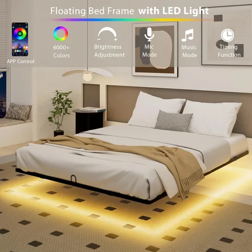 Miniatura 3 de Base de cama flotante tamaño individual, marco de cama individual con luces LED inteligentes, cama de plataforma de metal moderna y resistente