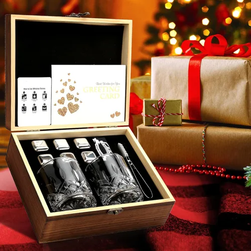 Miniatura 4 de Piedras de whisky, juego de regalo de vidrio de whisky, piedras escalofriantes en caja de madera hecha a mano, fresco sin dilución, juego de 2 vasos