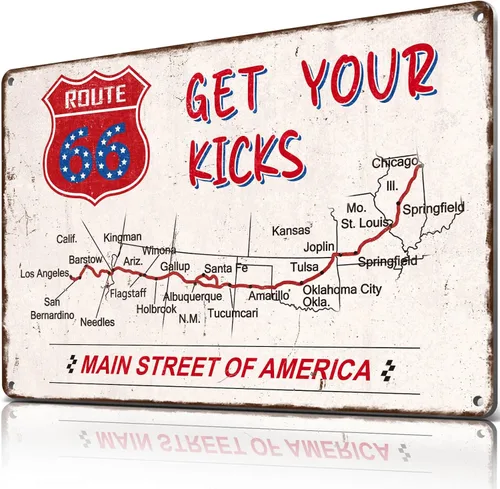 Letrero de metal vintage Route 66 con texto en inglés «Main Street of America» Get Your Kicks Highway, decoración de pared retro para garaje,
