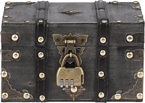 ELLDOO Cofre del tesoro de madera con cerradura, caja de recuerdos de cofre pirata vintage para regalos de niños, caja decorativa de almacenamiento