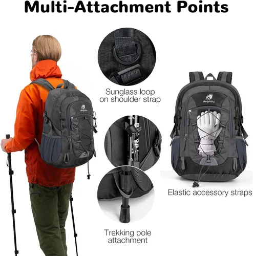Miniatura 6 de Mochila de senderismo pequeña de 25 L con correa para el pecho para hombres y mujeres, mochila de viaje impermeable, mochila de viaje ligera Negro