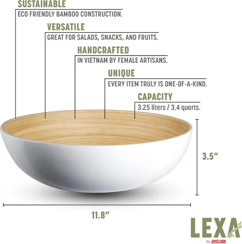 Miniatura 2 de LEXA Ensaladera de bambú hecha a mano de 12 pulgadas, cuenco de fruta grande de madera de 130 onzas para encimera de cocina, color blanco