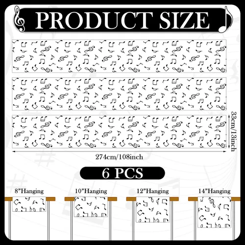 Miniatura 2 de Fanfanwin 6 piezas de notas musicales de plástico, camino de mesa con teclado musical, impermeable, decoración de fiesta temática de 13 x 108