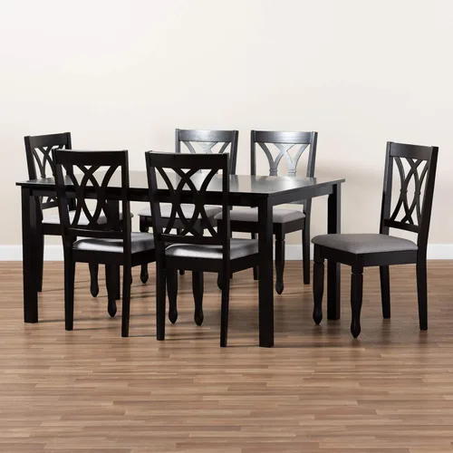 Miniatura 7 de Baxton Studio Petrina - Juego de comedor tapizado de tela gris, madera con acabado marrón expreso, 7 piezas