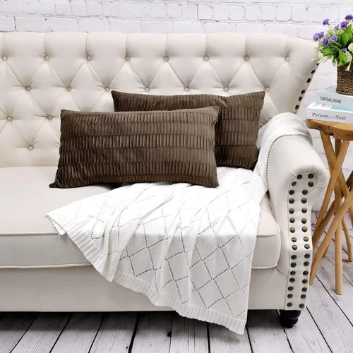 Miniatura 2 de Juego de 2 fundas de almohada decorativas de terciopelo a rayas plisadas de 14 x 26 pulgadas, funda de cojín rectangular suave y elegante para sofá