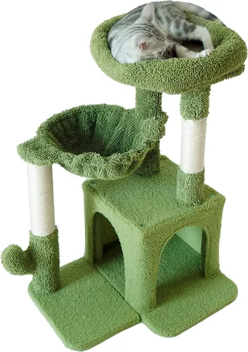Miniatura 7 de Pesofer - Árbol para gatos, torre pequeña para gatos con poste de rascar de sisal y hamaca, gris claro
