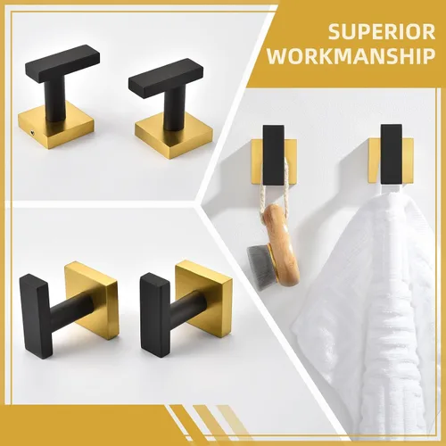 Miniatura 8 de Angle Simple Paquete de 2 ganchos para toallas de baño, soporte para bata de baño de acero inoxidable SUS 304 montado en la pared, negro y dorado