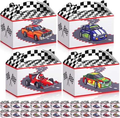 24 cajas de regalo de fiesta de autos de carreras con asa de bandera de carreras, cajas de golosinas para regalos de caramelos, ruedas a cuadros en