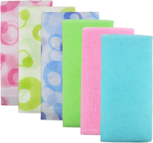 Meetory 6 toallas de baño de nailon exfoliante, 35 pulgadas (35.4 in), toalla de baño de piel de belleza, masaje para mujeres y hombres